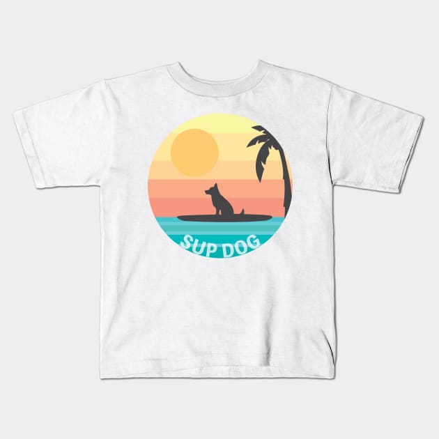 Sup Dog Funny Paddle Boarding German Shepherd Dog Rainbow Sunset Kids T-Shirt by KevinWillms1